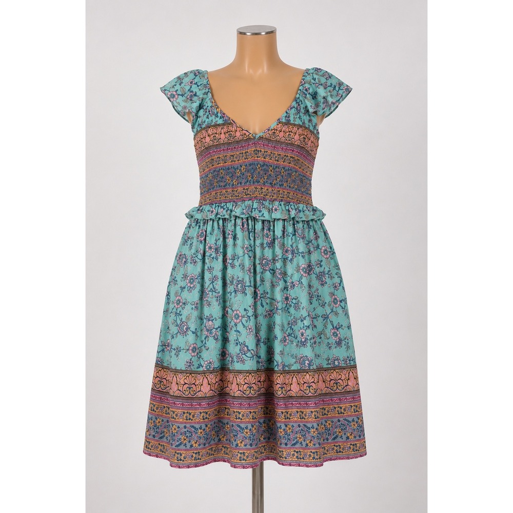 Teal Floral Smocked Midi Dress Womens Medium Boho Flutter Sleeve Peasant V-Neck